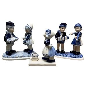 Vintage Delft Blue Porcelain Figurines Music Set DAC Holland Boy Girl Lot
